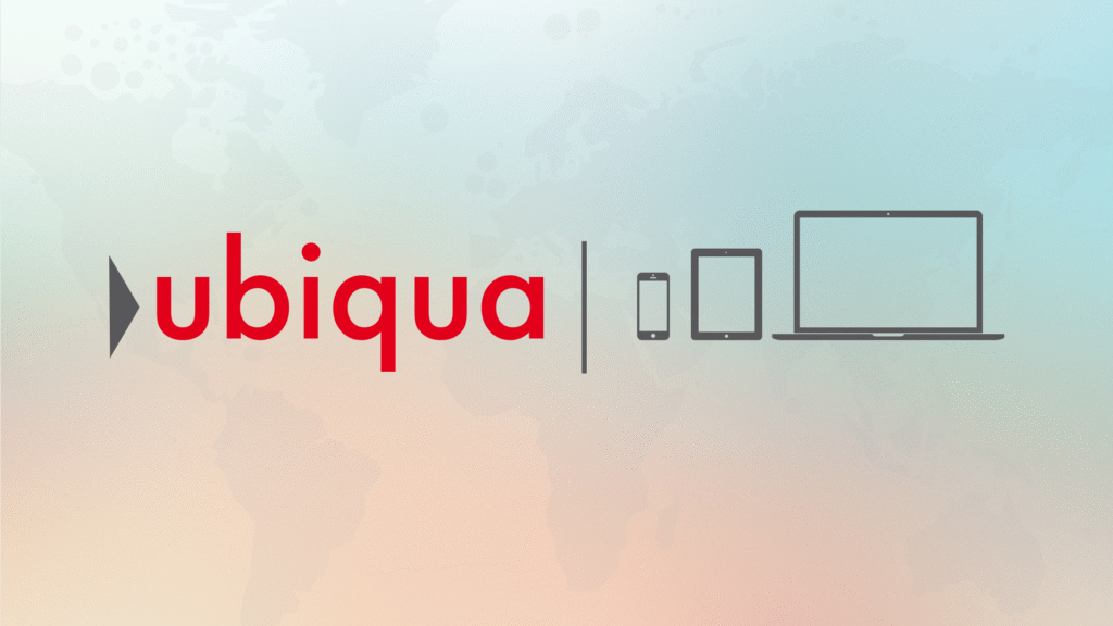 Fondo con el logotipo oficial de Ubiqua y elementos que representan los dispositivos móviles, tabletas y portátiles